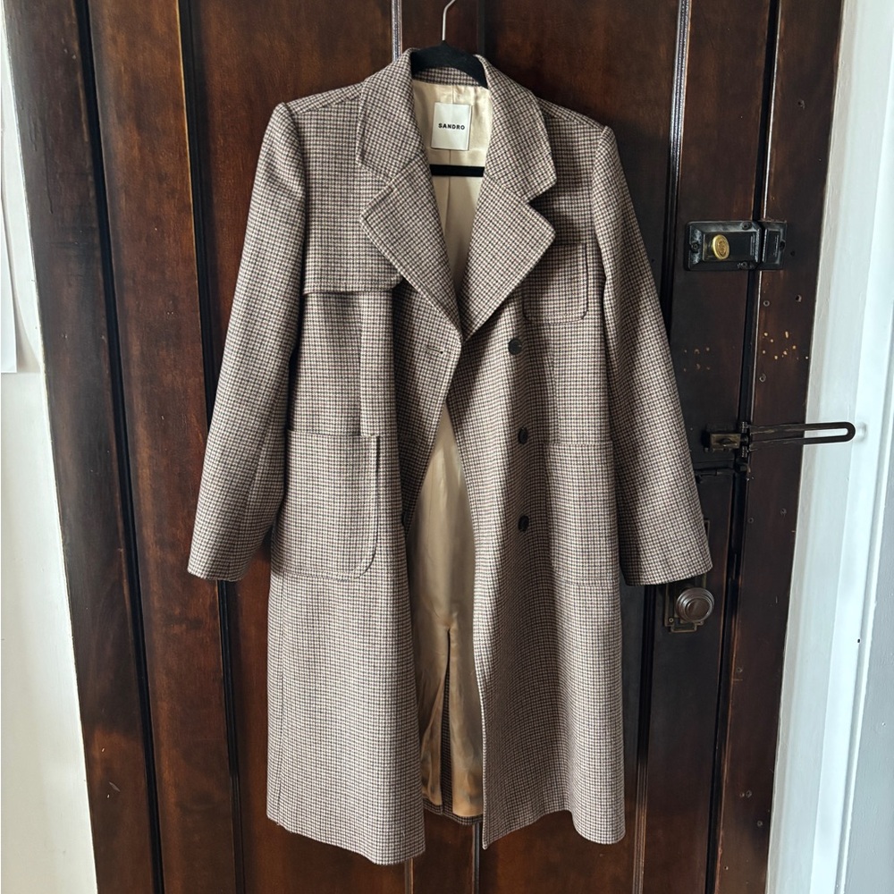 Sandro Houndstooth Double-Breasted Trench Coat - Picture 4 of 10